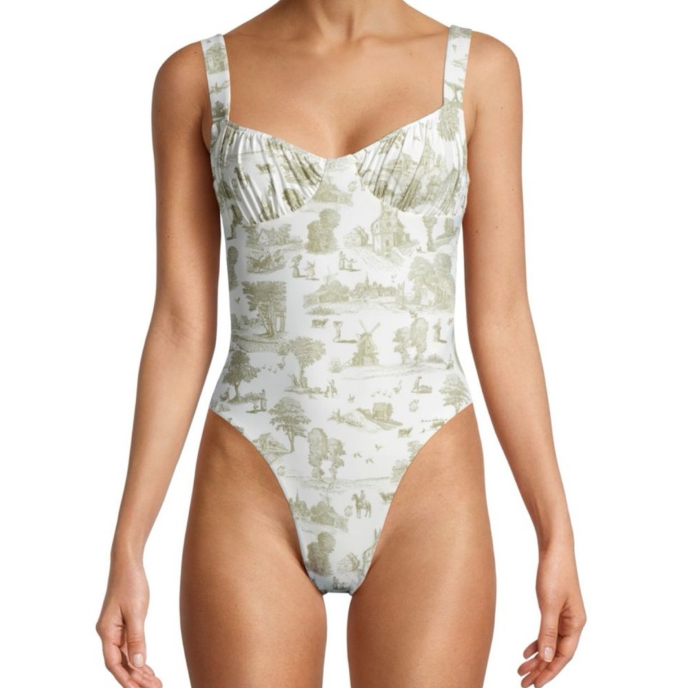 WeWoreWhat Green and White Toile Print Swimsuit Size Small $175 NWT